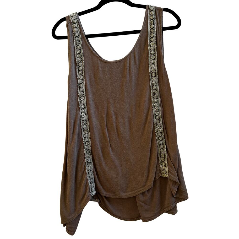 POL Brown Crochet Trim Boho Draped Tank Top Small